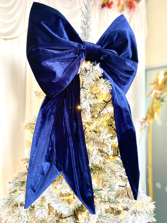 Blue Velvet Christmas Bow – Handmade Tree Topper, Wreath & Wall Décor, Oversized Holiday Decoration