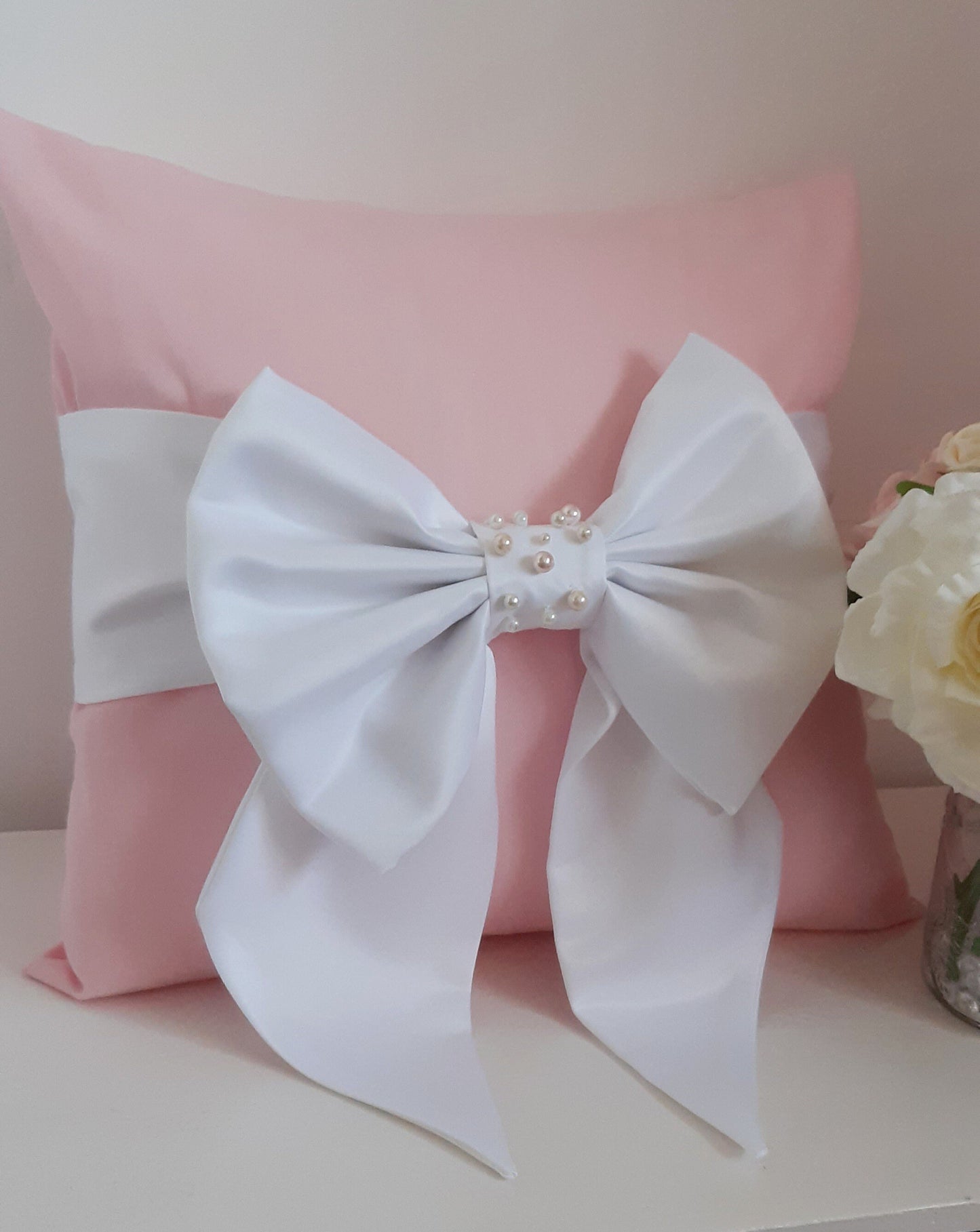 Blush Pink Pearl Bow Cushion