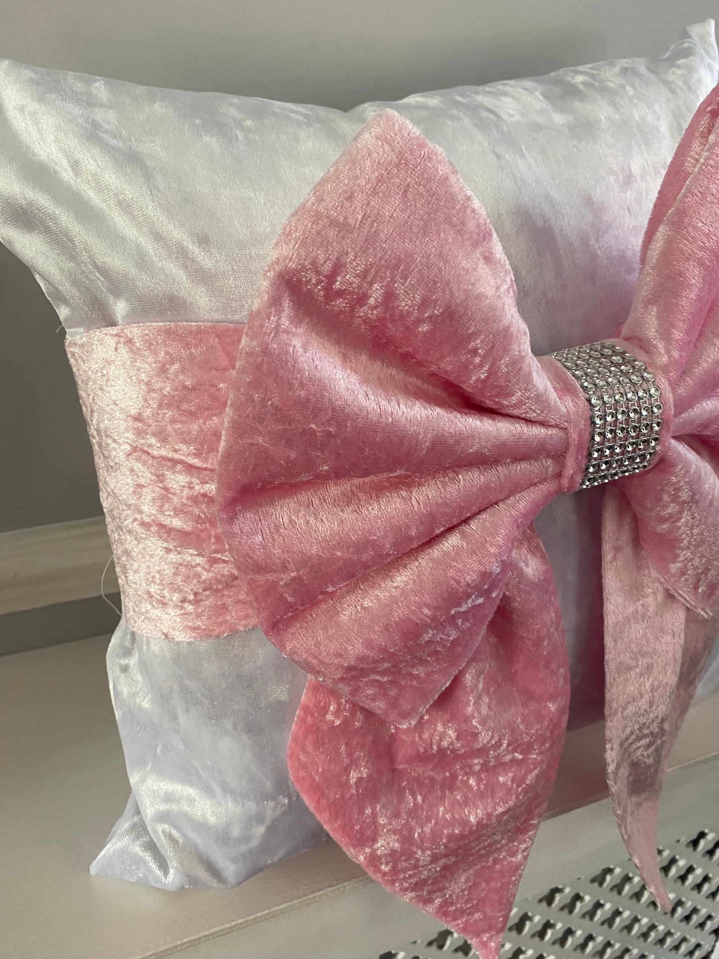 Velour Diamanté Bow Cushion