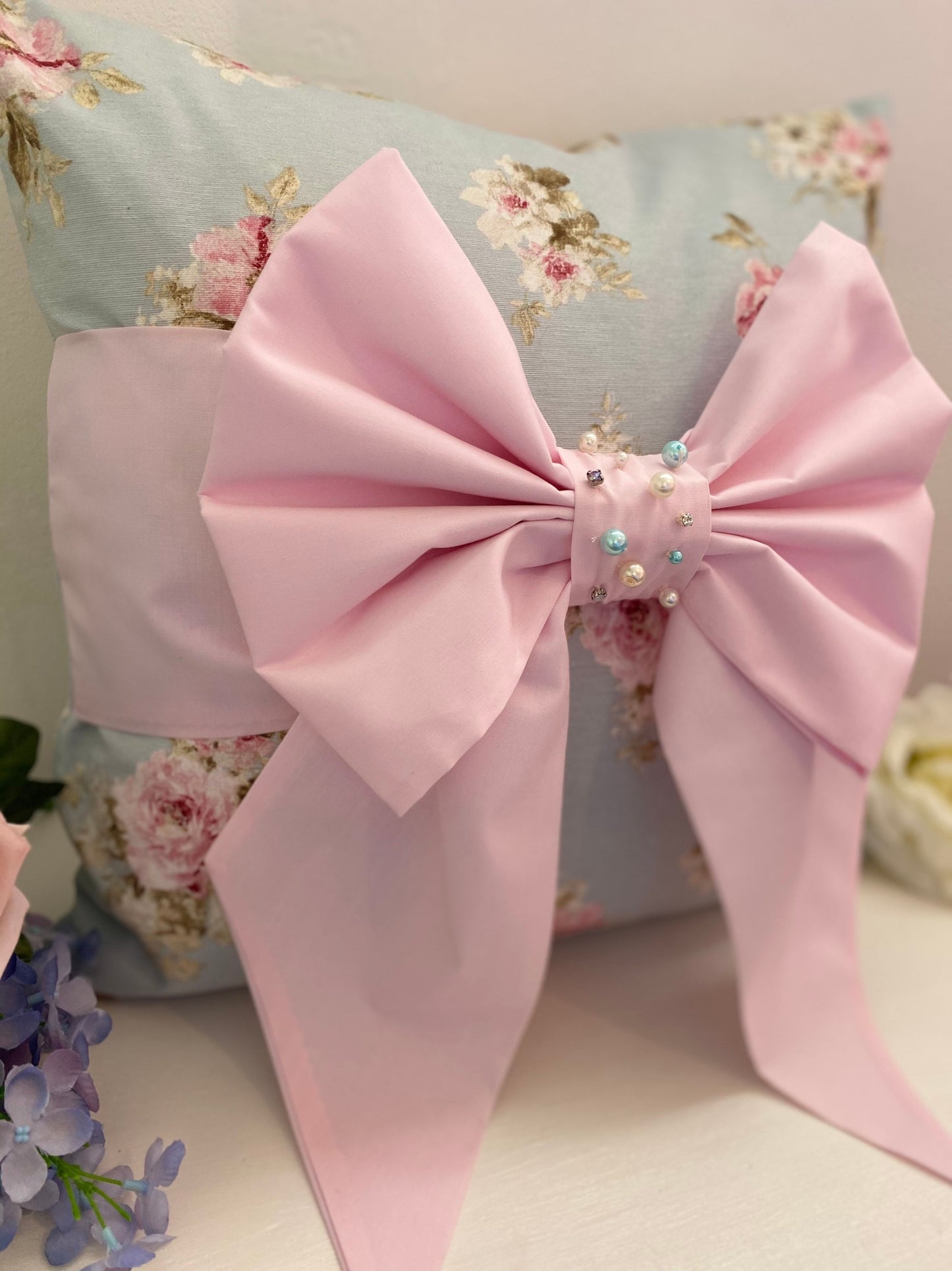 Floral Pearl Bow Cushion